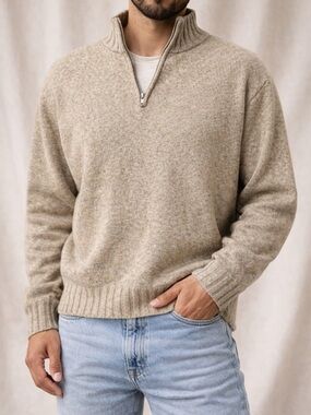GAP 100% Lambswool Quarter Zip Sweater Beige Knit Pullover Men’s Large